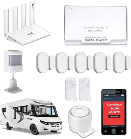 Nouveau - Alarme de Camping Car WiFi + Routeur 4G/5G WiFi-6 pour Une Surveillance 24h/24h - 2 Sirènes 120 DB - 5 Détecteurs de Portes et fenêtres - 1 détecteur de Mouvement - 2 Télécommandes