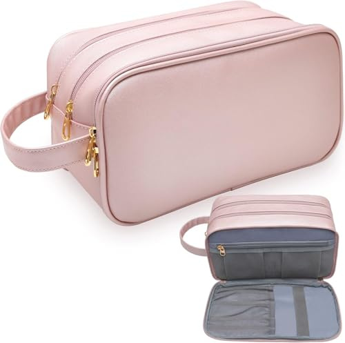 ABCHCHS Travel Toiletry Bag for Women- PU Leather Makeup Cosmetic Bag - Waterproof Organizer for Toiletries Accessories - Dopp Kit Case - Multifunction Packing Organizer Pouch (Pink)