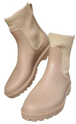 iKrush Women's Beige Faux Leather Platform Ankle Boots Slip On Block Heel Round Toe Casual