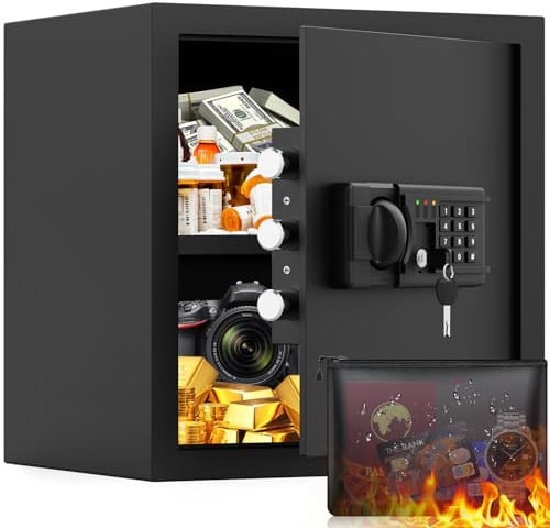 40L Safe Tresor Feuerfest für Zuhause, mit feuerfester Tasche, Digitaler Tresor mit Herausnehmbares Regal und Alarmanlage, Heimsafeschrank Aufbewahrung von Geld, Dokumente, Medikamenten