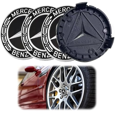 Ellxen 4 Stück Radnabenkappen für Mercedes-Benz 75 mm, Radkappe mit Chromkante, Ersatz-Radkappen