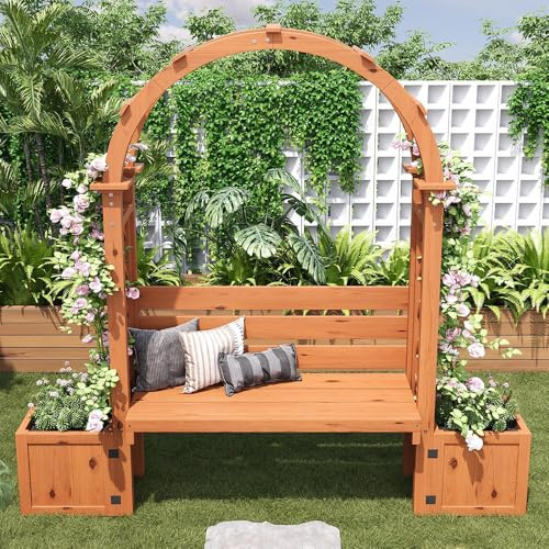 Support à Fleurs avec bac à Plantes équipé d'un Treillis pour Soutenir Les Plantes grimpantes Bac à Plantes avec Treillis et siège Convient aux Jardins, Cours et terrasses (Natural)