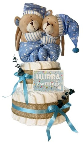 Windeltorte Zwillinge Bärenbrüder inkl. 2x Teddybär Spieluhren | Geschenk für Zwillinge zur Geburt / 50-teilig (blau/blau)