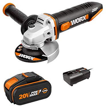 WORX Smerigliatrice angolare a batteria da 18 V (20 V max), WX800.4, 4,0 Ah, Powershare, 115 mm, impugnatura aggiuntiva in 2 posizioni, regolazione senza attrezzi, blocco del mandrino