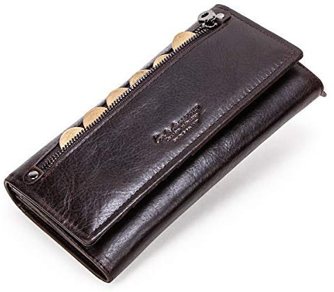 CONTACTS Frauen-echtes Leder-Brieftasche Karten-Münzen-Telefon-Halter-Reißverschluss-Kupplungs-Geldbeutel-Geldbörse RFID(Kaffee)