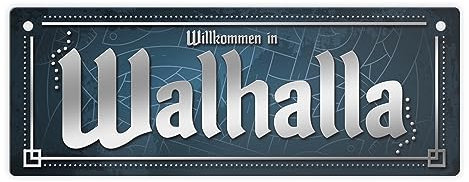 Wikinger Metallschild im nordischen Stil mit Spruch: Willkommen in Walhalla