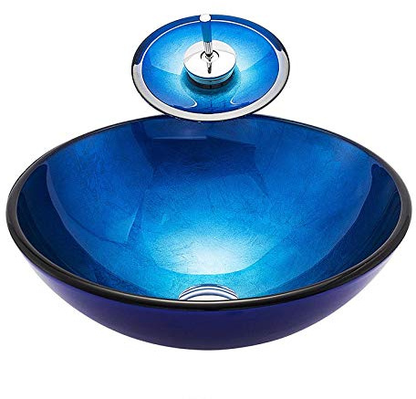 HomeLava Lavabo da Appoggio per Bagno Lavabo in Vetro Temperato Moderno Lavandino per Bagno Design Rotondo in Lamina Blu