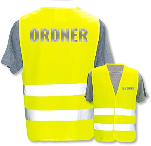 Bedruckte Warnwesten mit ISO-Leuchtstreifen * Standard- oder Reflex-Druck * Thema Sicherheit & Team, Warnweste Begriffe Security:Ordner (Reflektierend), Farbe + Größe:Gelb (XL/XXL)
