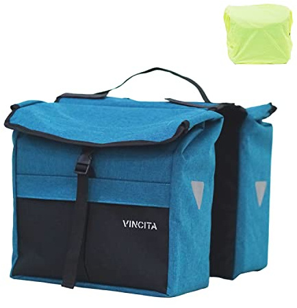 Vincita Top Load Double Pannier Water Resistant Cycling Side Bags - with Rain Cover, Large, Carrying Handle, Reflective Spots - - (Black/Turquoise)