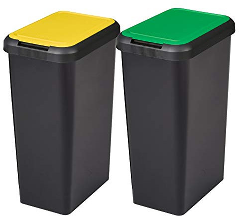 Tontarelli PK2157 Touch&Lift Set 2 poubelles 90 litres Noir avec Couvercle Jaune/Vert
