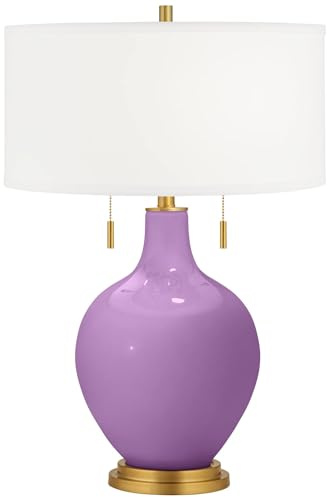Color + Plus Toby 28 Tall Modern Table Lamp Pull Chain African Violet Brass Accents Finish Glass Single Fabric White Shade Living Room Bedroom Bedside Nightstand House Office Home Reading Kitchen