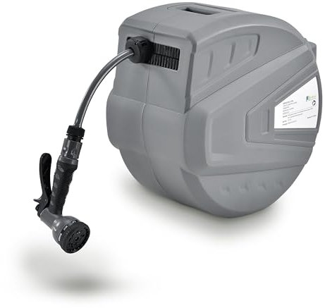 Juskys Schlauchtrommel Flowwater 30 m - Schlauchaufroller Wasser schwenkbar mit 3/4 Zoll Anschluss, Einzug-Automatik & Wandhalterung - Gartenschlauch-Aufroller
