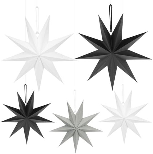 Stella di Natale Pieghevole, Stelle di Carta Pieghevoli a 9 Punte, 5 Stelle di Carta da Appendere, Nero, Bianco, Grigio, Stella di Natale di Carta per Finestra, Avvento, Albero di Natale, Capodanno-2