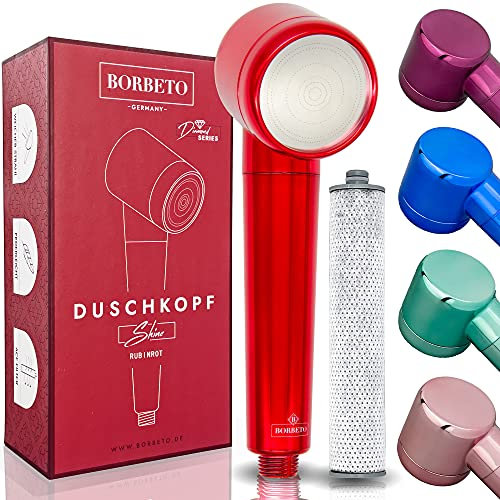BORBETO® Duschkopf Shine RUBINROT – sanfter & reiner Wasserstrahl optimal für Haut & Haare durch Mikrodüsen & hochwertigem Wasserfilter – Wassersparende Handbrause – moderner Brausekopf