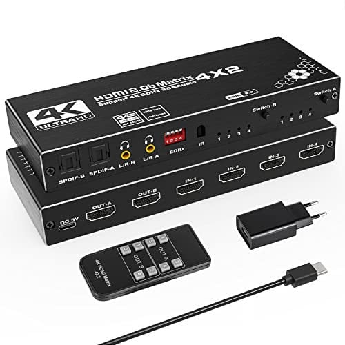 Tendak HDMI Matrix 4x2-4K@60Hz 4 In 2 Out HDMI 2.0 Switch Matrix Splitter Umschalter + Optisch SPDIF & 3,5mm Stereo Audio Extractor Unterstützt HDCP 2.2 EDID HDR 3D mit IR-Fernbedienung