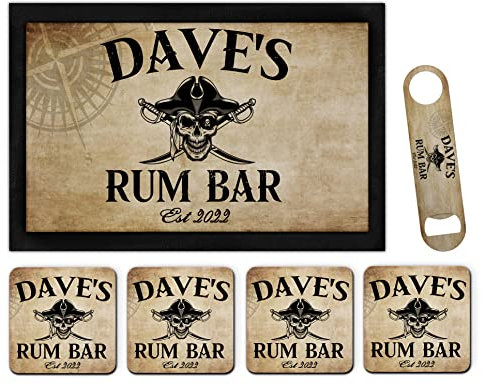 Personalised Name's Rum Bar Runner Mat Matching Set Bar Blade Bottle Opener & 4 Coasters Custom Name Beer Gifts For Pubs Home Bar Novelty Accessories For Dad Father's Day Mens Man Cave