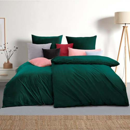 Soifox Winter Flanell bettwäsche 135 x 200 4teilig - Dunkelgrün Flauschige und warme Cashmere Touch Bettbezug 2er Set + Kissenbezug 2er Set 80x80 cm mit Reißverschluss