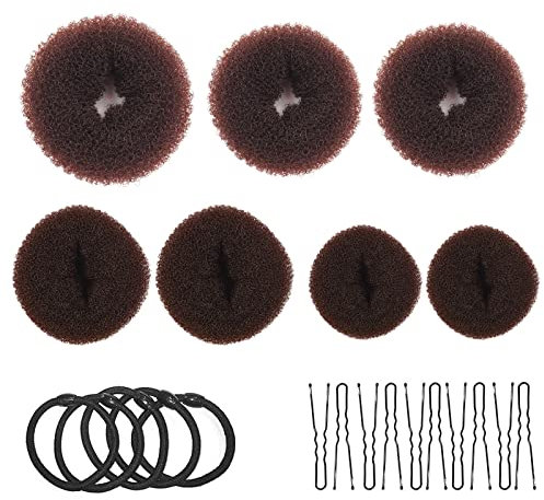 Donut Hair Bun Maker Set de 7 piezas - Juego de ayuda para el peinado con 5 bandas elásticas para el cabello, 10 horquillas para el cabello en forma de U, De moño para niñas y mujeres (Marrón)