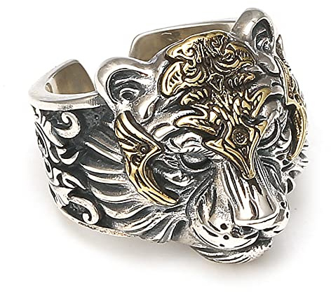 RobertDTesta Domineering Tiger Ring Für Herren Aus S925-Sterlingsilber, Gotischer Retro-Öffnungs-Verstellbarer Tigerring,Silber,9