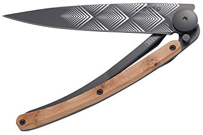 deejo - Messer 37G, Wacholderholz, Schwarzes Titan-Finish, Art Deco Motiv - Ultraleichtes Klapptaschenmesser mit Gürtelclip - rostfreier Edelstahl Z40C13