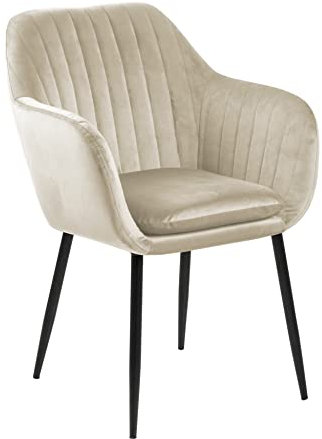AC Design Furniture Wendy Esszimmerstuhl aus Samt, moderner, nordischer Stil, gepolsterter Esszimmerstuhl mit Armlehne, Sandfarbe, schwarze Metallbeine, vertikale Nähte, Esszimmerstuhl für Esszimmer