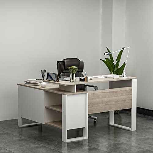 Homidea ARES Bureau d'angle moderne – Bureau d'ordinateur en forme de L avec étagères et tiroirs pour bureau et maison (Avola/blanc), Extra breit