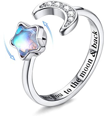 Milacolato 925 Sterling Silber Fidget Ring Für Damen Frauen Mädchen Offen Verstellbar Mondstein Anxiety Ringe CZ Mond Stern Spinner Ring Schriftzug Promise Hochzeit Verlobungsringe Mit Geschenkbox