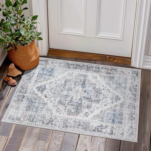 TOPICK Fußmatte Waschbar Fussmatte Innen Grau Vintage Blume Orientalischer Dünner Faltbar Türmatte Abtreter rutschfest Teppich für Haustür Eingangs Küche Patio Flur Schlafzimmer 60x90cm