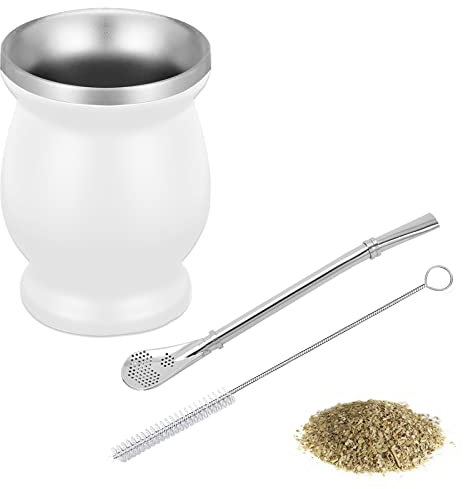 SVUPUE Taza de yerba mate de 8 onzas, juego de té de yerba de doble pared, taza de té de calabaza, con cuchara de paja y cepillo de limpieza, para bebida de yerba mate, café, leche y jugo, color