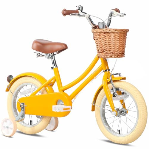 Glerc 14 Zoll Kinder Mädchen Fahrrad für 3 4 5 Jahre alt kleine Mädchen Retro Vintage-Stil Fahrräder mit Korb Training Räder und Glocke, Gelb