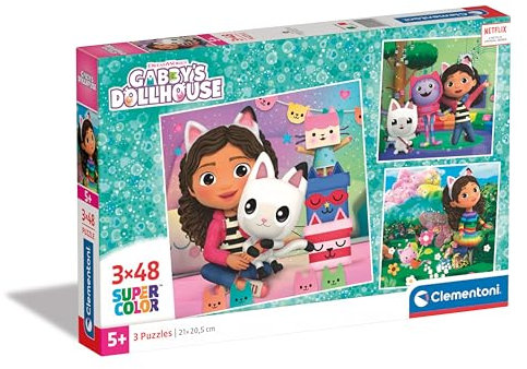 Clementoni Supercolor Gabbys Dollshouse Puzzle 3 x 48 Teile - Puzzle für Kinder ab 5 Jahren - buntes Kinderpuzzle mit besonderer Leuchtkraft & Farbintensität 25295