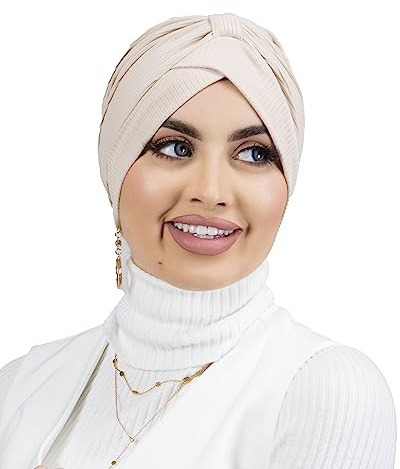 Lamis Hijab - Turban, gerippt, Jersey, für muslimische Frauen, TU-6, helles beige, 70 cm