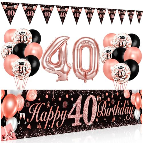 Bluelves 40 Geburtstag Frauen Deko, Luftballons 40. Geburtstag, Schwarz Roségold Extra Lange Happy Birthday Banner (210 x 40cm) + Girlande Wimpel + Schwarz Rosegold Konfetti Luftballons