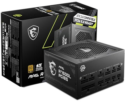 MSI MAG 750W Power Supply 80 Plus Gold - -Native 16 pin Connector Design - -Full Modular Design - 7 Year Warranty -Industrial Level Protection with OVP,OCP,OPP,OTP, SCP, UVP [MAG A750GL PCIE5]