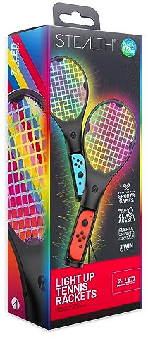 STEALTH Light-Up Tennis Rackets Compatible with Nintendo Switch & Switch OLED, Black - Twin Pack , with 7 LED Lighting Effects, Compatible with Nintendo Switch Sports