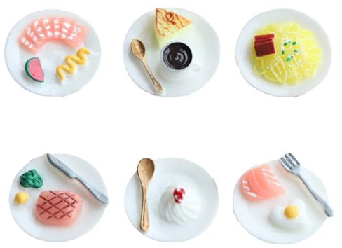 Kotkiddy Lot de 6 ustensiles miniatures pour maison de poupée, jouet alimentaire miniature, steak miniature, kit de gâteau miniature, mini kit de pâtes, mini thé de l'après-midi