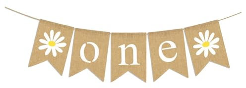Yurosiay 1 Stück 2m Banner Geburtstag Jute Vintage Gänseblümchen Motiv Banner Erster 1 Geburtstag Deko für 1 Jahr Mädchen Sackleinen Banner Leinen Girlande Geburtstagsdeko für Zuhause Party