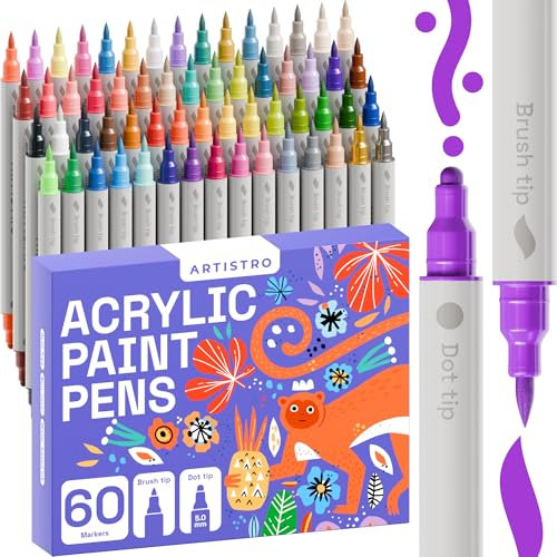 ARTISTRO Acrylic Paint Pens, Dual Tip Markers (Dot + Brush, 60) for Fabric, Canvas, Rock, Glass, Wood, Paper, DIY Projects