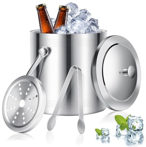 Auauraintt 2L Edelstahl Eiskübel, mit Deckel, Zange, Sieb und Griff,Doppelwandiger isolierter Eiskübel,für Partys, Bier,Cocktailbar, kühlen Wein, Champagner