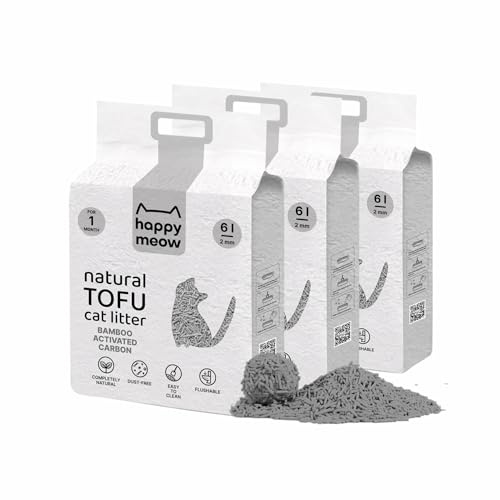 HAPPY MEOW Tofu-Katzenstreu für Katzen (18L/7,5Kg) - Biodegradierbar und sofort klumpend, staubarm, langanhaltende Geruchskontrolle, ultra absorbierend, abflussgeeignet (Aktivkohle)