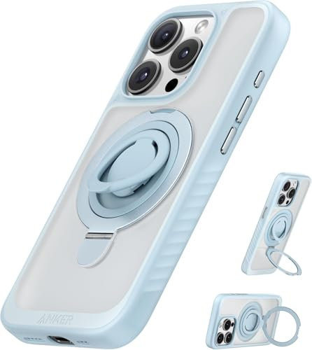Anker Magnetic Ring Stand for iPhone 15 Pro Max Case, Silicone Finger Ring Grip Stand Holder, Military Grade Drop Tested, Compatible with MagSafe, Built in Kickstand, Soft Edge Anti-Fingerprint, Blue