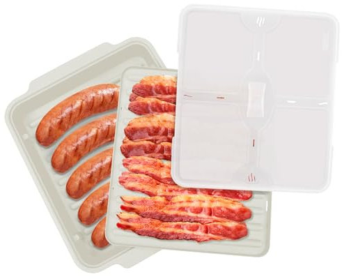M MUGOOLER Double Microwave Bacon Cooker/Tray with Splatter Lid, Safe, Easy Clean, Convenient Kitchen Tool，for Cooking (White)