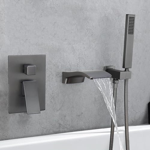 BiaoTeng Badewannenarmatur Unterputz Set Wand Badewannenarmatur Wasserfall mit Brause Heiß und Kalt Messing Badewanne Unterputz Armatur Set Grau