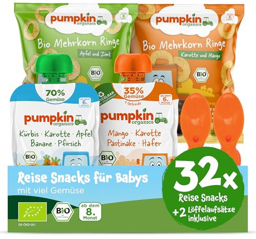 Pumpkin Organics Reise-Snacks für Babys ab dem 8. Monat - Bio Gemüse-Quetschies und Bio Knabber-Snacks ideal für unterwegs, für das Handgepäck, im Flugzeug oder im Zug - Baby Snacks ohne Zusatzstoffe