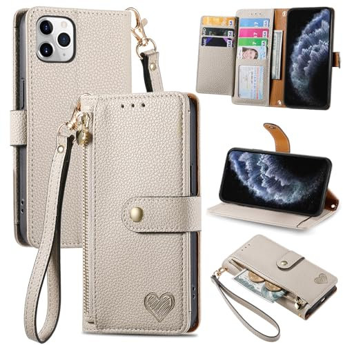 VEEMOS Zipper Wallet Case for Apple iPhone 11 Pro Phone Case with Purse Card Holders RFID Blocking Leather Flip Case Book Cover Wrist Strap Women - Gray