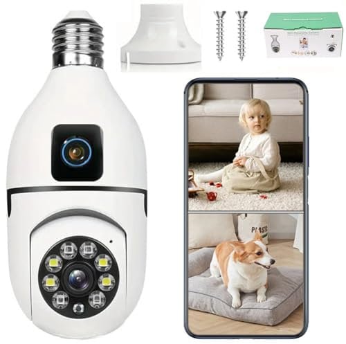 JoyFan Light Bulb Camera 8X Zoom Dual Lens, HD Home Security WiFi Camera with Color Night Vision, 360 Degree Wireless Bulb Camera Wifi Outdoor with Motion Detection, Two-Way Audio (White)