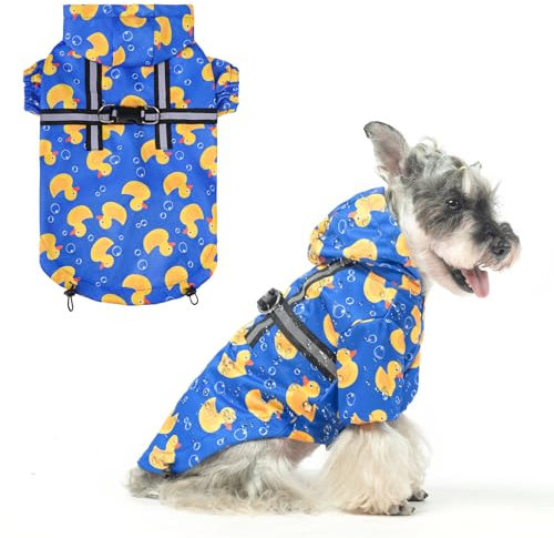 BEAUTYZOO Hunde-Regenmantel mit Kapuze und integriertem Geschirr, wasserdichte Jacke, Poncho für kleine, mittelgroße und große Hunde, Mädchen und Jungen, gelbe Ente, Winter, regnerische Schneetage