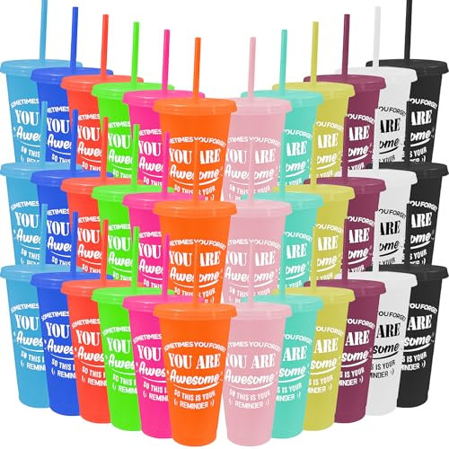Paquete de 36 tazas de café de plástico de 24 onzas con tapas y popote, vasos reutilizables inspiradores, regalo de agradecimiento para compañeros de trabajo, profesores, compañeros de trabajo,