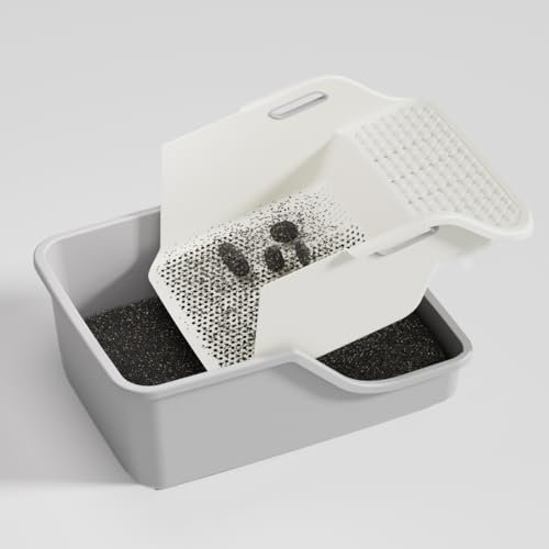Furrilia Semi Enclosed Cat Litter Box High Side, XL Large Sifting Litter Box with Sand Filter Shovel Cat Litter Tray Easy Clean Grey