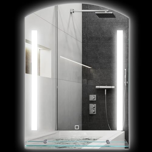 kleankin Miroir de salle de bain avec éclairage LED réglable en 3 couleurs et tablette en verre, miroir avec éclairage en aluminium et verre trempé, IP44, 50x12x70 cm, argenté